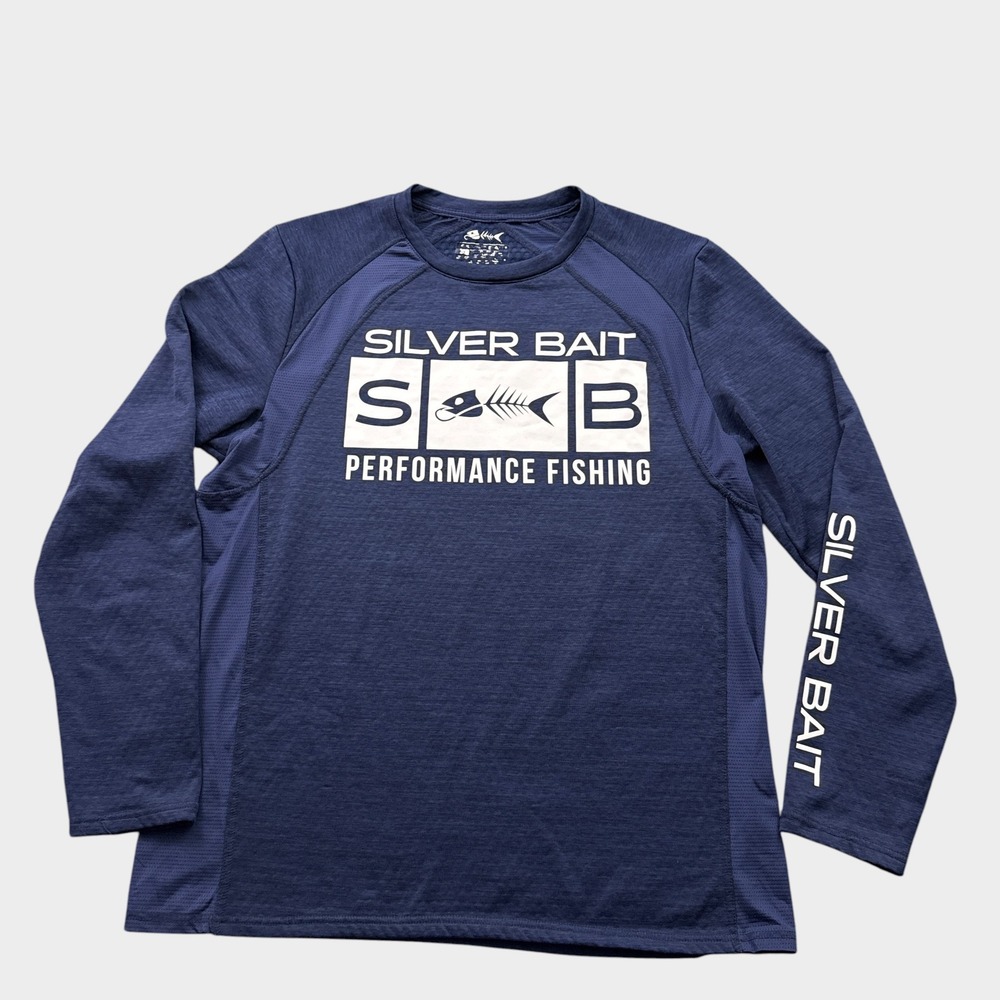 Silver Bait Performance Fishing Shirt Mens Medium Navy Blue Long Sleeve Graphic